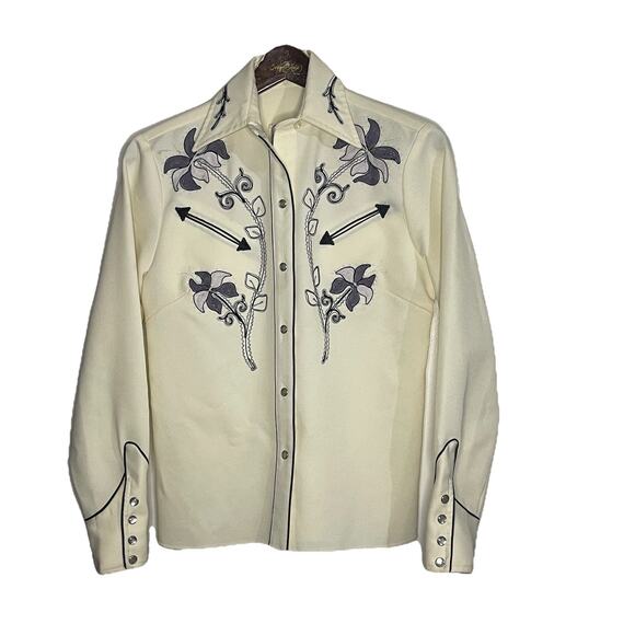 H Bar C California Ranchwear Tops - Vintage 70s H Bar C California Ranchwear Western Shirt Cream Grey Floral Pearl S